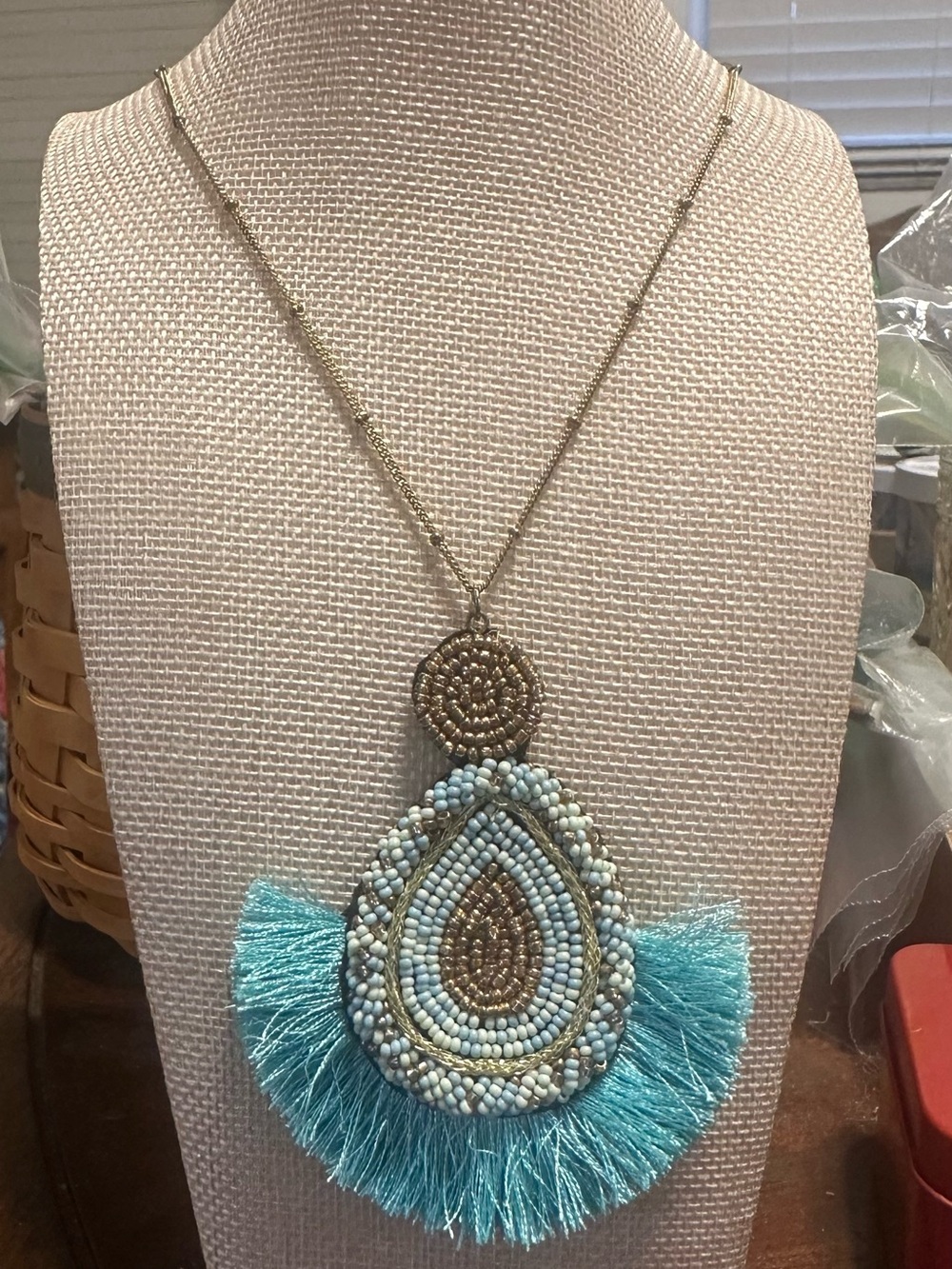 Boho Beaded Teardrop Pendant Necklace Turquoise Fringe Tassel Gold Tone Chain